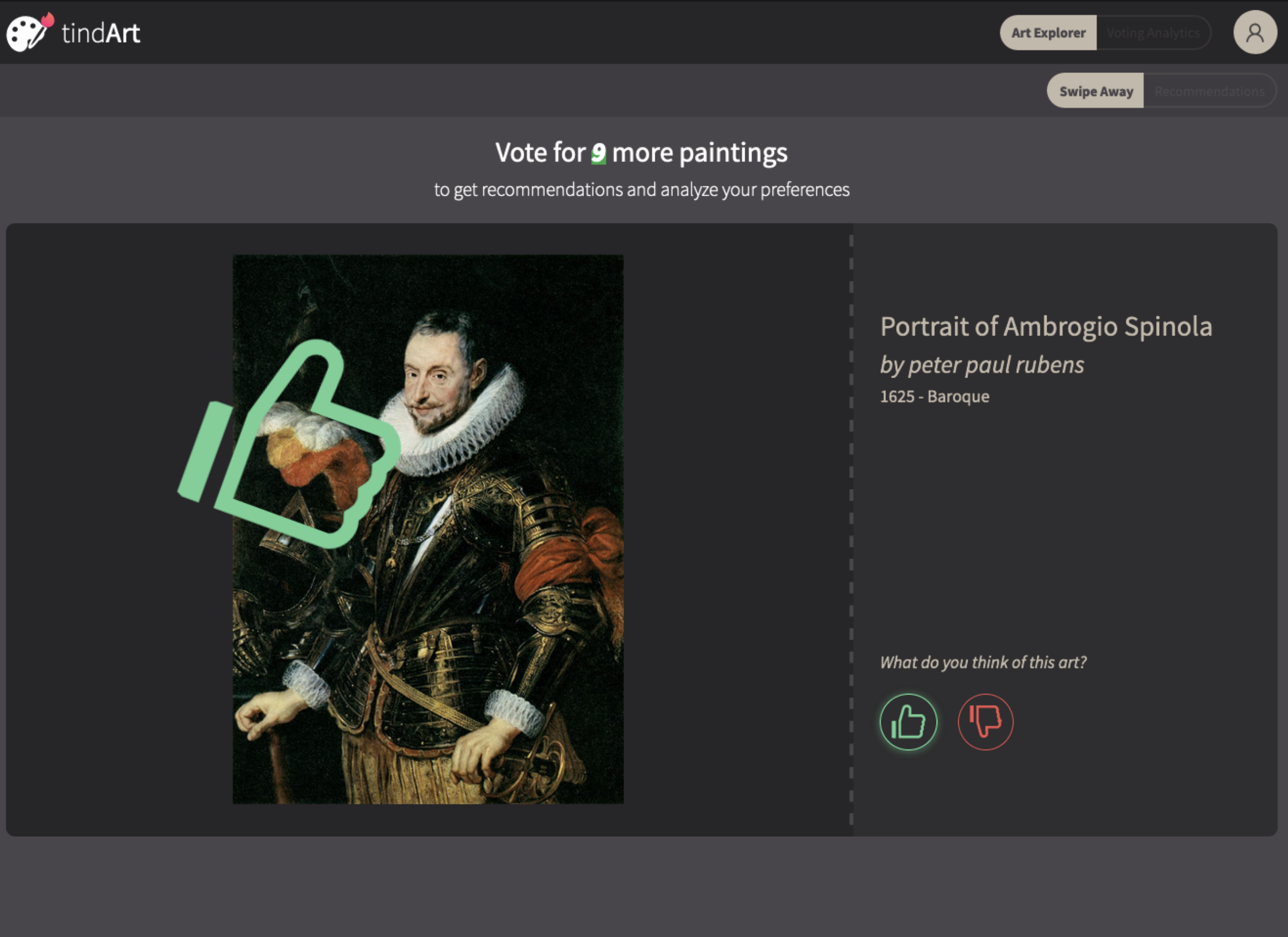 TindART like module showing a Rubens painting with thumbs up/down